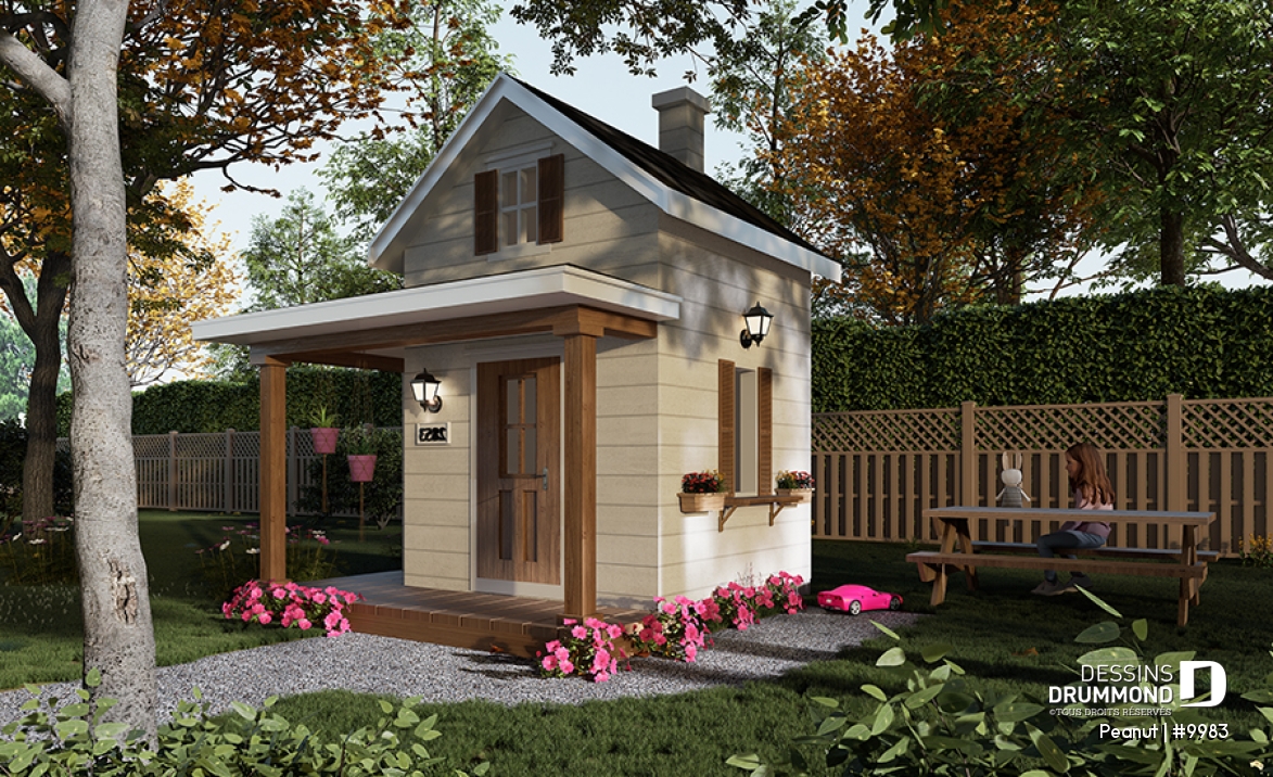 Vue avant - MODÈLE DE BASE - Petite maisonnette farmhouse pour enfant à construire soi-même - Plan gratuit de mini-maison pour enfants - Peanut
