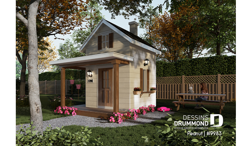 Vue avant - MODÈLE DE BASE - Petite maisonnette farmhouse pour enfant à construire soi-même - Plan gratuit de mini-maison pour enfants - Peanut
