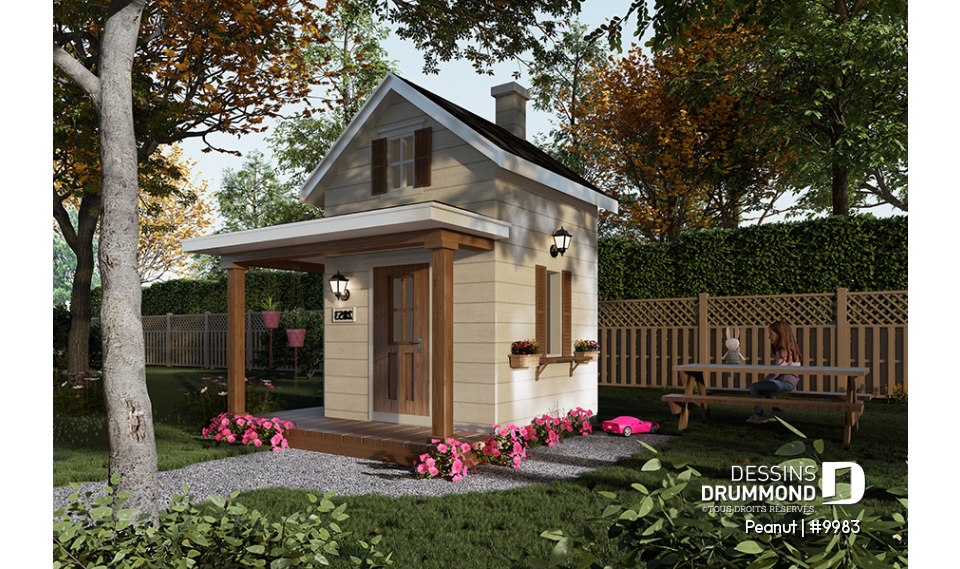 Vue avant - MODÈLE DE BASE - Petite maisonnette farmhouse pour enfant à construire soi-même - Plan gratuit de mini-maison pour enfants - Peanut