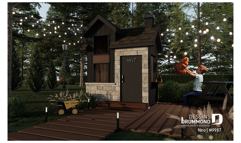 Vue avant - MODÈLE DE BASE - Plan gratuit de mini-maison pour enfant, de plain-pied et plein de charme - Nino