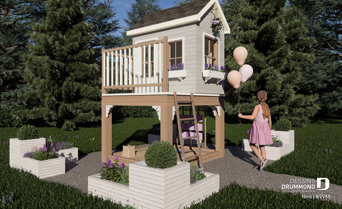 Vue avant - MODÈLE DE BASE - Plan gratuit de cabane pour enfant (maisonnette), avec carré de sable.  - Nina