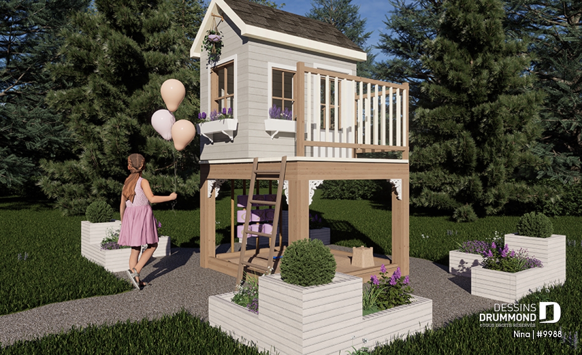 Vue avant - MODÈLE DE BASE - Plan gratuit de cabane pour enfant (maisonnette), avec carré de sable.  - Nina