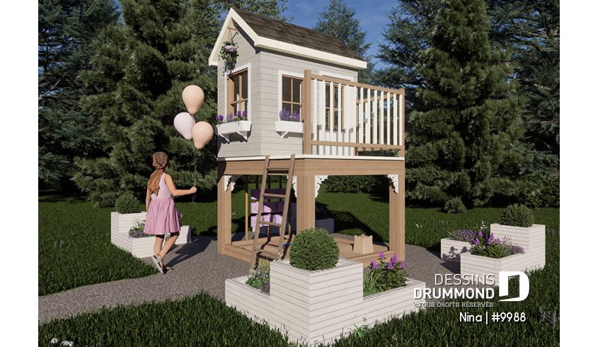 Vue avant - MODÈLE DE BASE - Plan gratuit de cabane pour enfant (maisonnette), avec carré de sable.  - Nina