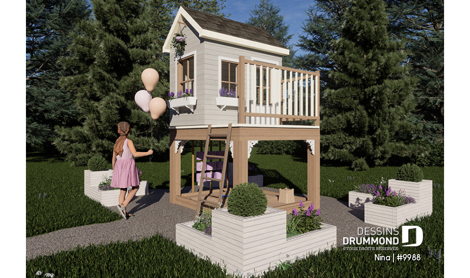 Vue avant - MODÈLE DE BASE - Plan gratuit de cabane pour enfant (maisonnette), avec carré de sable.  - Nina