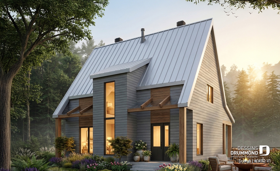 Vue avant - MODÈLE DE BASE - Plan de maison ou chalet scandinave moderne avec aire ouverte et lumière naturelle - Scandi