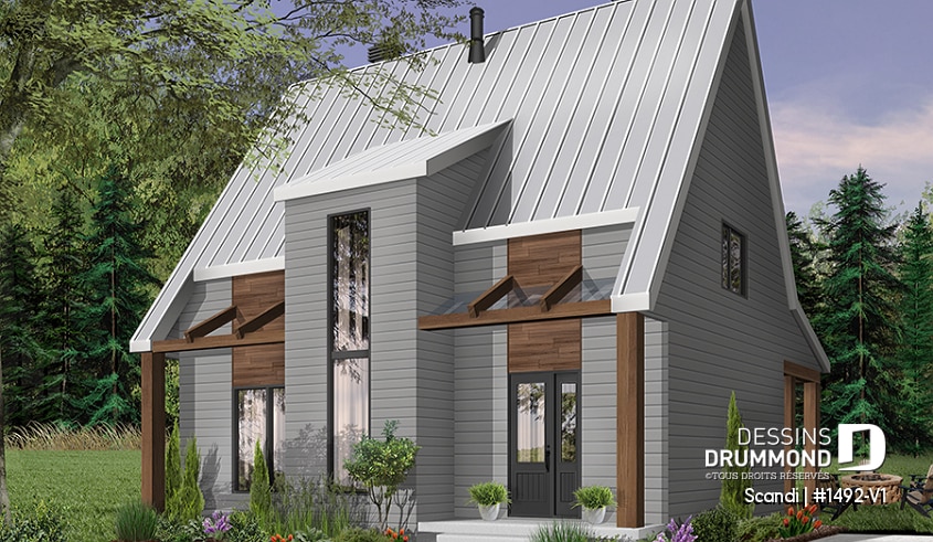 Vue avant - MODÈLE DE BASE - Plan de chalet Scandinave, 3 chambres, 2.5 salles de bain, grand balcon arrière abritée, foyer central - Scandi