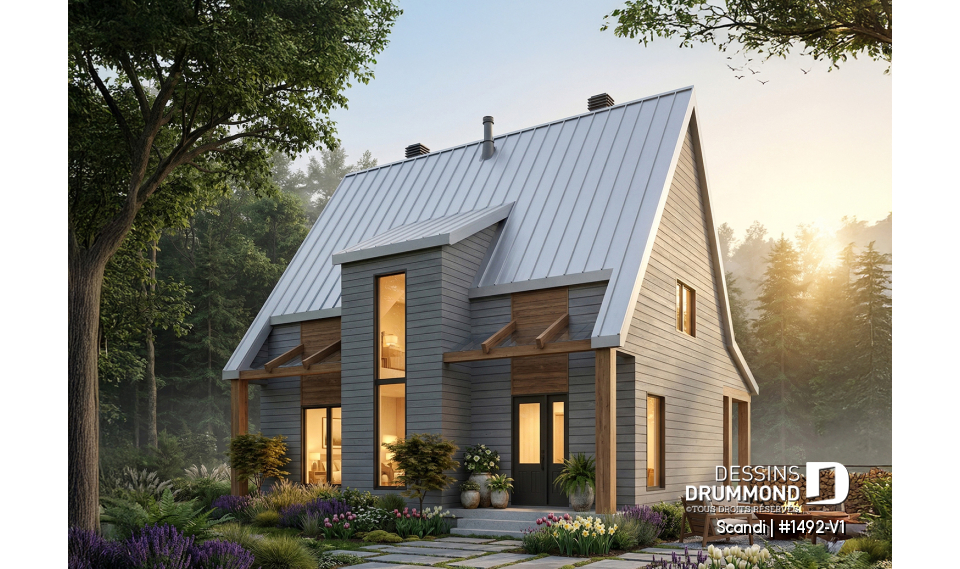 Vue avant - MODÈLE DE BASE - Plan de chalet Scandinave, 3 chambres, 2.5 salles de bain, grand balcon arrière abritée, foyer central - Scandi