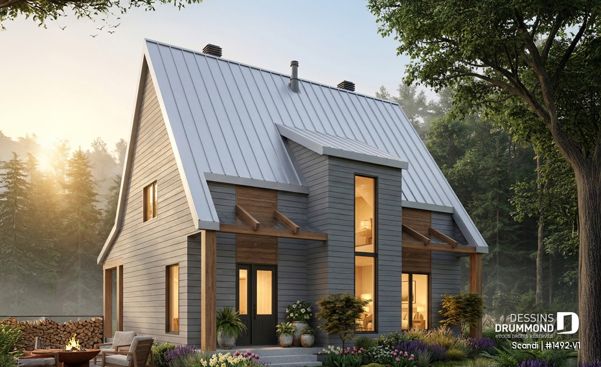 Vue avant - MODÈLE DE BASE - Plan de maison ou chalet scandinave moderne avec aire ouverte et lumière naturelle - Scandi