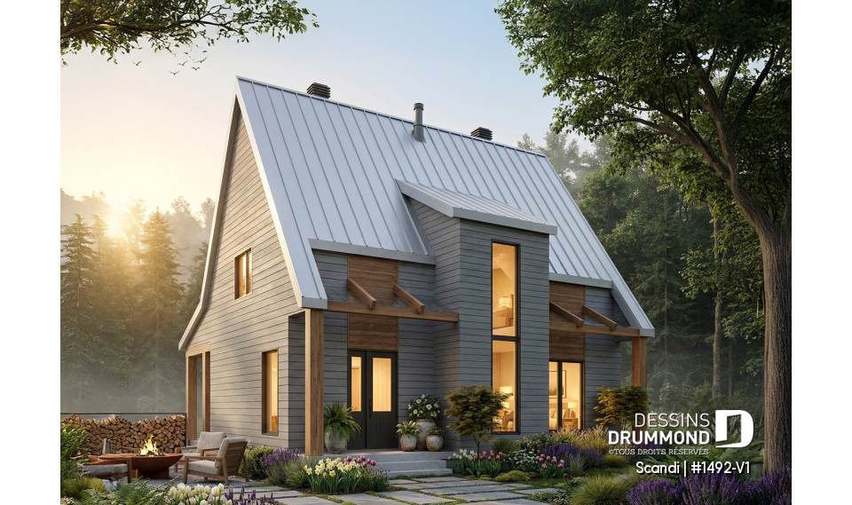 Vue avant - MODÈLE DE BASE - Plan de maison ou chalet scandinave moderne avec aire ouverte et lumière naturelle - Scandi