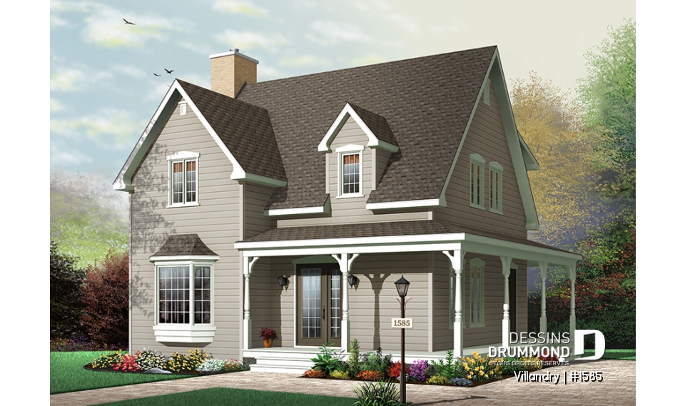 Version couleur no. 2 - Vue avant - Plan de cottage à l'américaine, 3 chambres, vestibule de bon format, balcon couvert, 2 salles de bain - Villandry