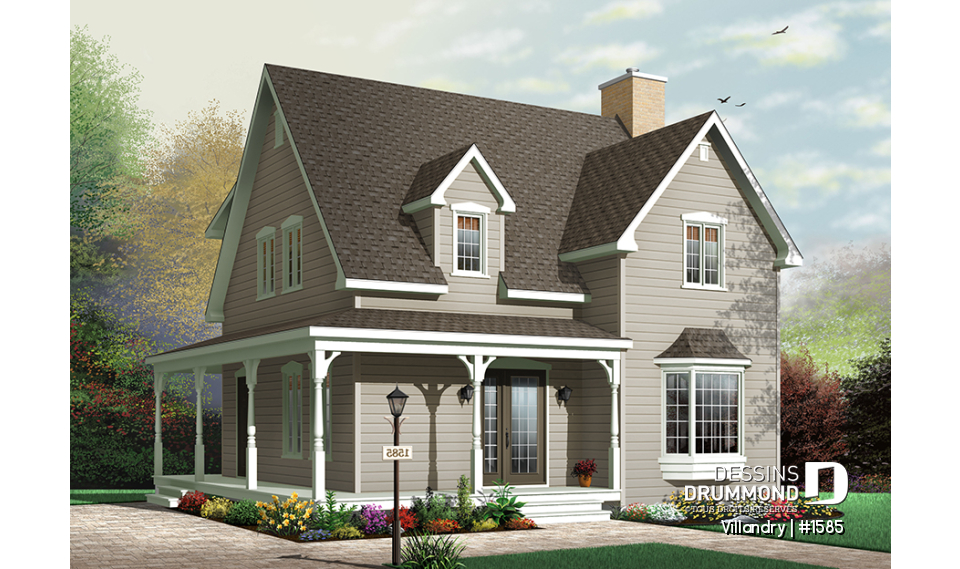 Version couleur no. 2 - Vue avant - Plan de cottage à l'américaine, 3 chambres, vestibule de bon format, balcon couvert, 2 salles de bain - Villandry