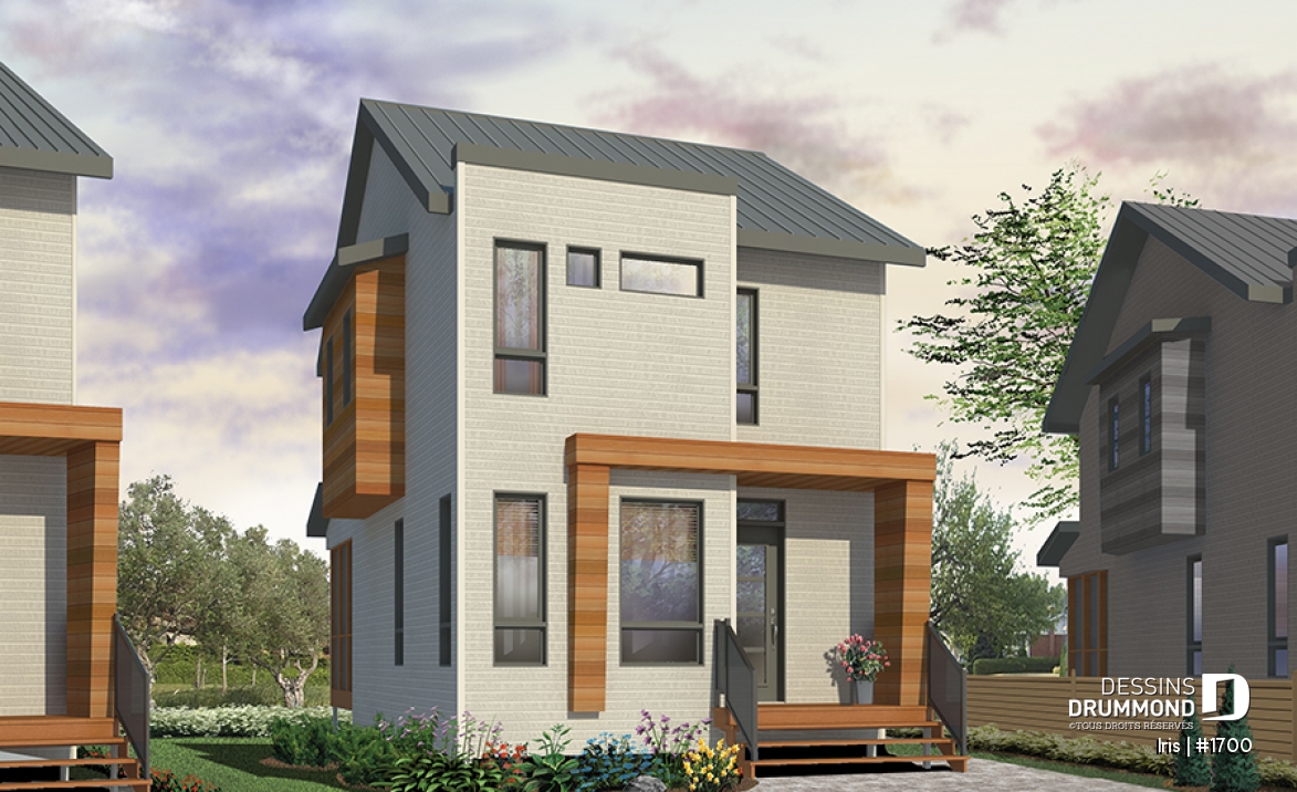 Vue avant - MODÈLE DE BASE - Plan mini-maison 3 chambres, cuisine fonctionnelle, aire ouverte, abri moustiquaire au balcon arrière - Iris