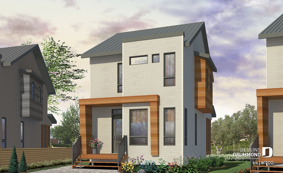 Vue avant - MODÈLE DE BASE - Plan mini-maison 3 chambres, cuisine fonctionnelle, aire ouverte, abri moustiquaire au balcon arrière - Iris