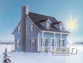 Vue avant - MODÈLE DE BASE - Plan de maison canadienne 3 chambres, avec lucarnes, foyer au salon, buanderie au premier, boudoir - Acélia