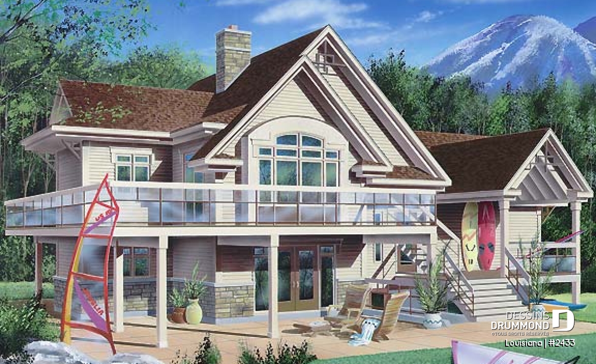 Vue arrière - MODÈLE DE BASE - Chalet bord de l'eau, 3 chambres, 3.5 salles de bain, aire ouverte, 2 salons, foyer central, grande terrass - Louisiana