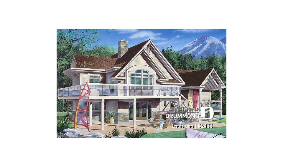 Vue arrière - MODÈLE DE BASE - Chalet bord de l'eau, 3 chambres, 3.5 salles de bain, aire ouverte, 2 salons, foyer central, grande terrass - Louisiana