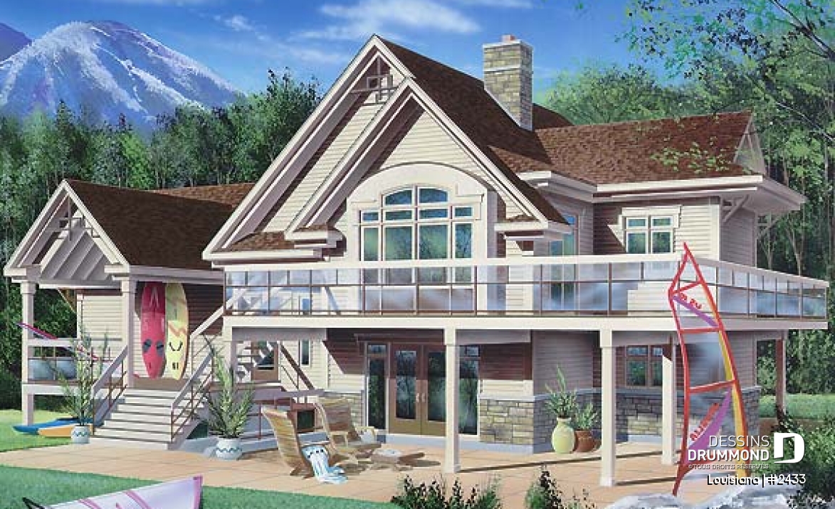 Vue arrière - MODÈLE DE BASE - Chalet bord de l'eau, 3 chambres, 3.5 salles de bain, aire ouverte, 2 salons, foyer central, grande terrass - Louisiana