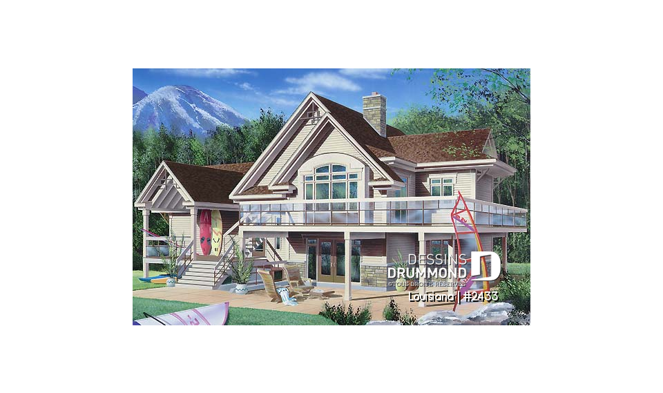 Vue arrière - MODÈLE DE BASE - Chalet bord de l'eau, 3 chambres, 3.5 salles de bain, aire ouverte, 2 salons, foyer central, grande terrass - Louisiana