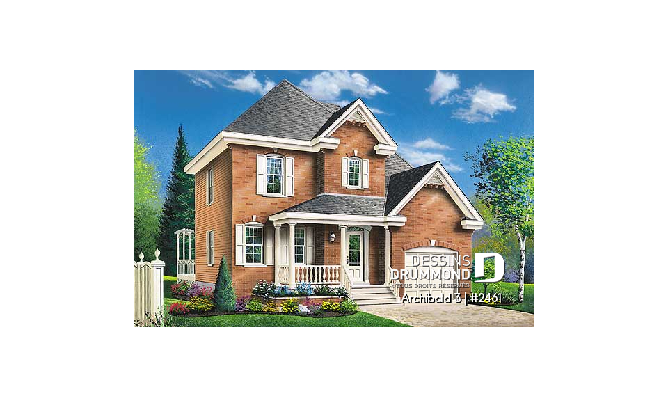 Vue avant - MODÈLE DE BASE - Plan de maison inspiration anglaise, 3 chambres + espace boni, garage, salle de lavage au 1er - Archibald 3
