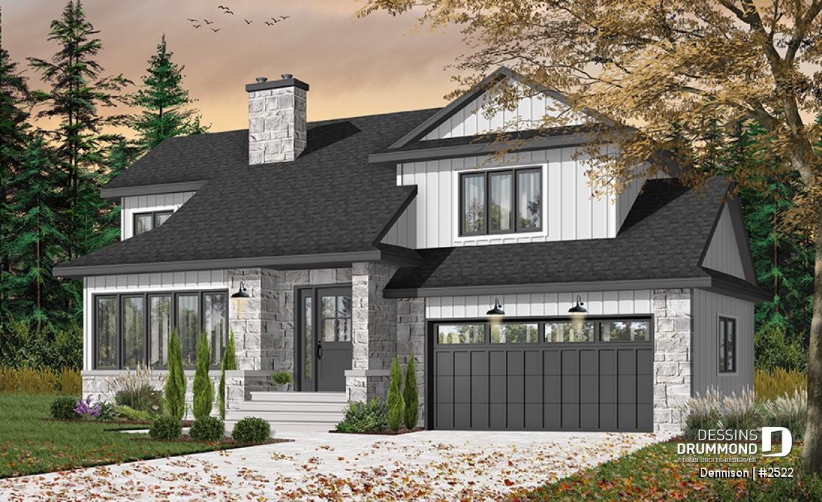 Version couleur no. 1 - Vue avant - Plan de maison 3 chambres, garage double, style Craftsman, foyer central, garage double, buanderie au premier - Dennison