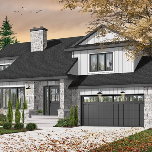 Version couleur no. 1 - Vue avant - Plan de maison 3 chambres, garage double, style Craftsman, foyer central, garage double, buanderie au premier - Dennison