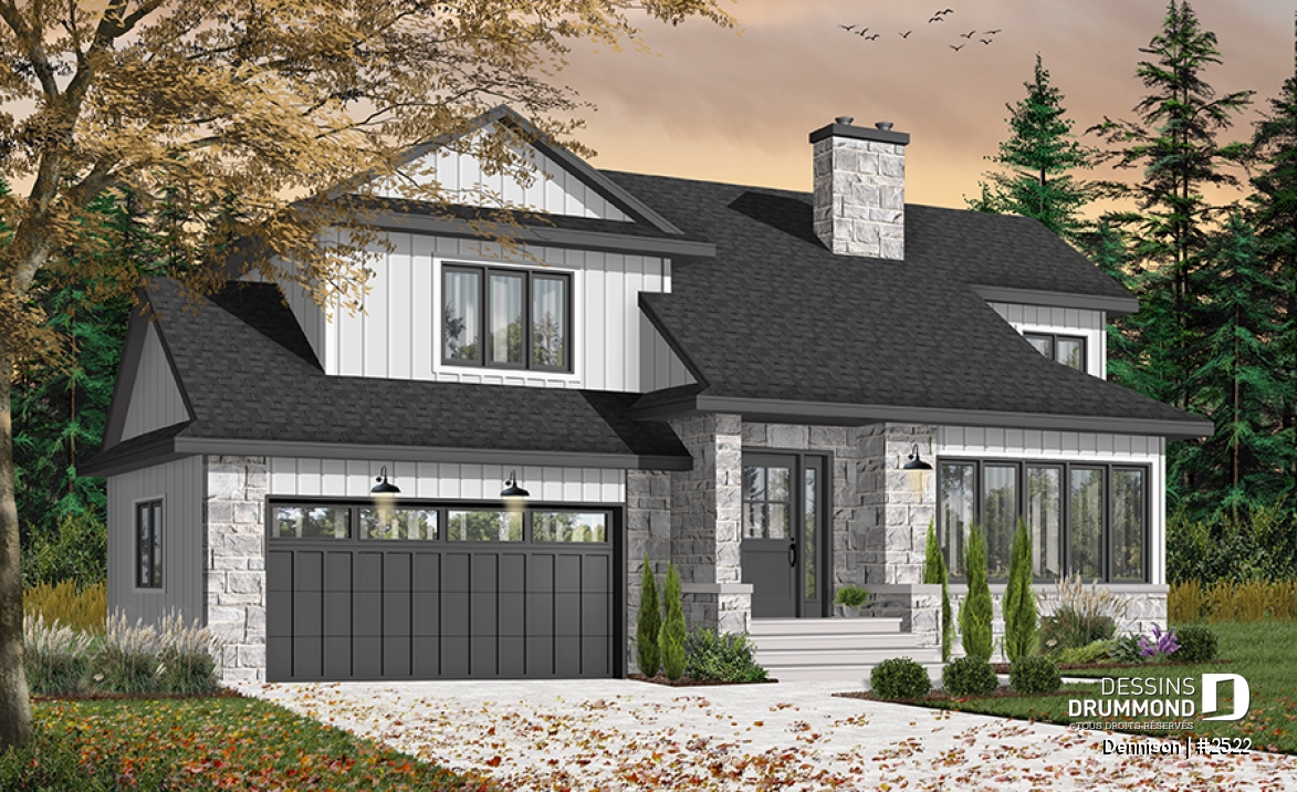 Version couleur no. 1 - Vue avant - Plan de maison 3 chambres, garage double, style Craftsman, foyer central, garage double, buanderie au premier - Dennison