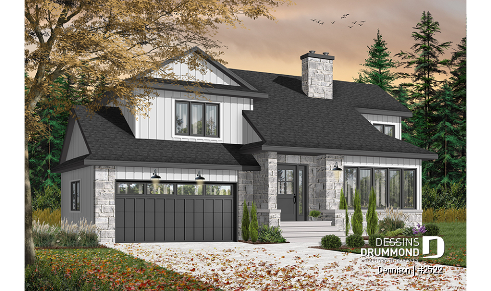 Version couleur no. 1 - Vue avant - Plan de maison 3 chambres, garage double, style Craftsman, foyer central, garage double, buanderie au premier - Dennison