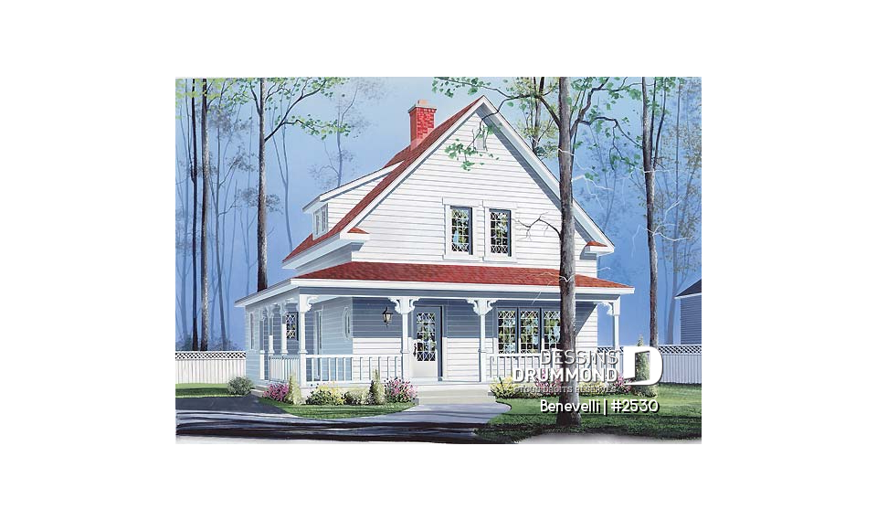 Vue avant - MODÈLE DE BASE - Plan de petite maison champêtre, 3 chambres à l'étage, buanderie au r-d-c, foyer, foyer, grandes garde-robes - Benevelli