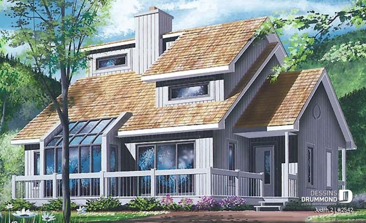 Vue avant - MODÈLE DE BASE - Plan de maison avec beaucoup de lumière naturelle, 3 chambres, plafond cathédrale, chambre maître au r-d-c - Judith 2