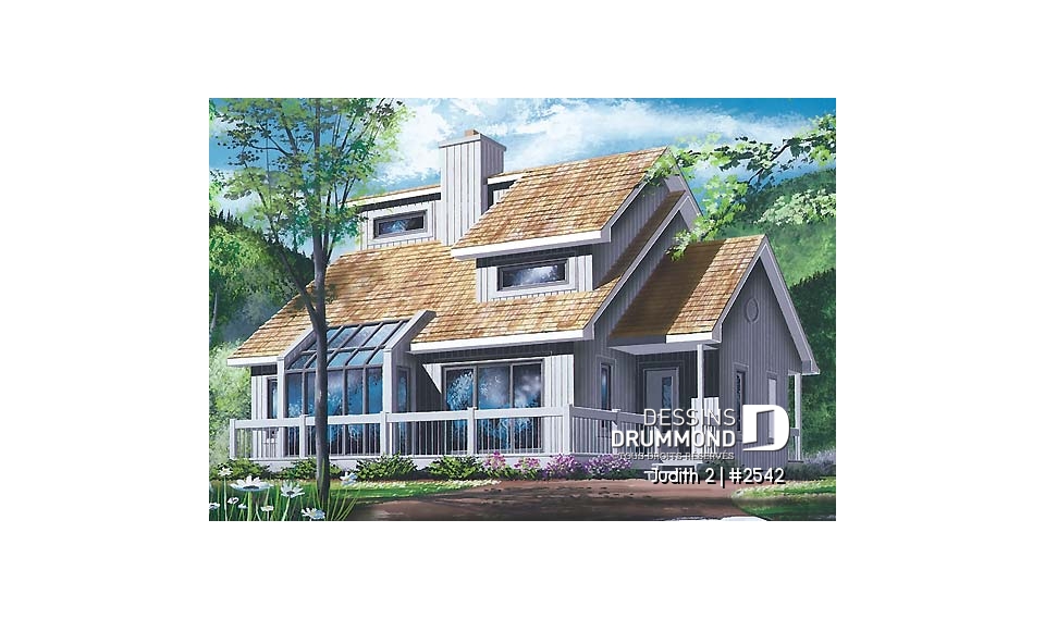 Vue avant - MODÈLE DE BASE - Plan de maison avec beaucoup de lumière naturelle, 3 chambres, plafond cathédrale, chambre maître au r-d-c - Judith 2