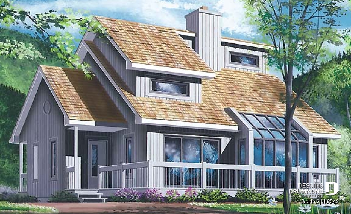 Vue avant - MODÈLE DE BASE - Plan de maison avec beaucoup de lumière naturelle, 3 chambres, plafond cathédrale, chambre maître au r-d-c - Judith 2