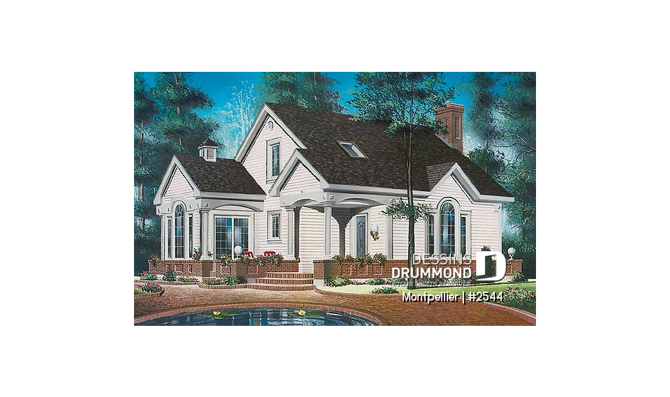 Vue avant - MODÈLE DE BASE - Plan de maison de campagne de 3 chambres, foyer au salon, coin lecture en retrait, belle luminosité partout - Montpellier