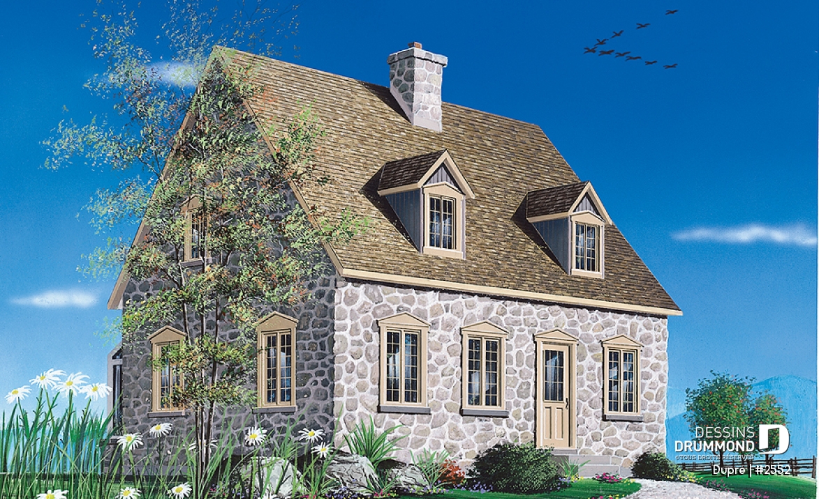 Vue avant - MODÈLE DE BASE - Maison ancestrale en pierre, salle à diner en solarium, 2 chambres à l'étage, foyer, espace ouvert - Dupré