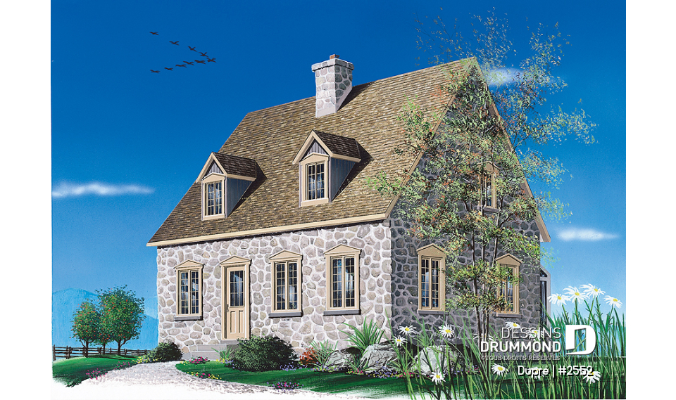 Vue avant - MODÈLE DE BASE - Maison ancestrale en pierre, salle à diner en solarium, 2 chambres à l'étage, foyer, espace ouvert - Dupré