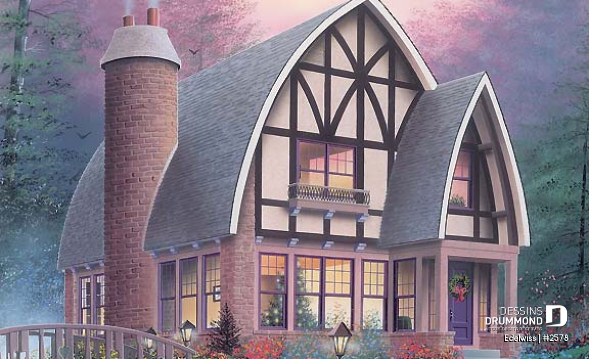 Vue avant - MODÈLE DE BASE - Plan de maison de style alsacienne à aire ouverte, foyer central, 3 chambres, superbe luminosité - Edelwiss