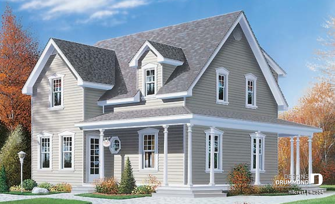 Vue avant - MODÈLE DE BASE - Plan de maison 3 chambres, style champêtre canadien, îlot, buanderie au r-d-c, grande chambre parents - Hillcrest