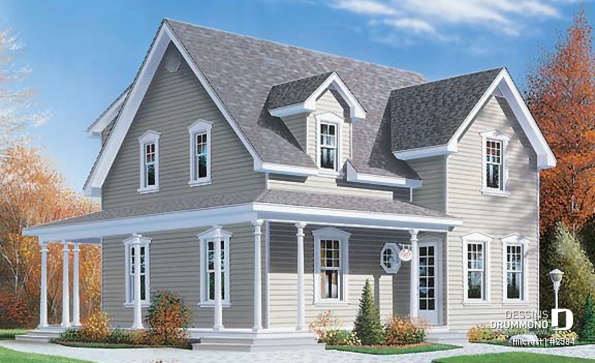 Vue avant - MODÈLE DE BASE - Plan de maison 3 chambres, style champêtre canadien, îlot, buanderie au r-d-c, grande chambre parents - Hillcrest