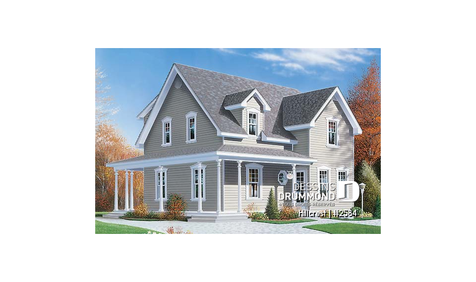 Vue avant - MODÈLE DE BASE - Plan de maison 3 chambres, style champêtre canadien, îlot, buanderie au r-d-c, grande chambre parents - Hillcrest