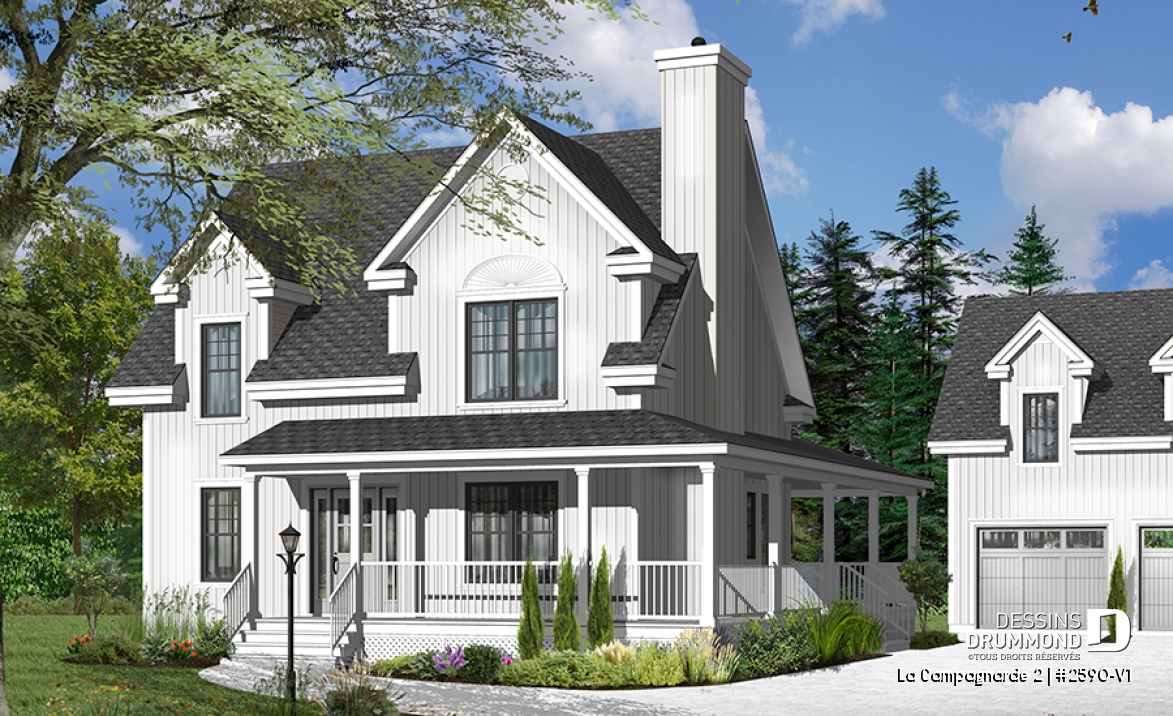 Vue avant - MODÈLE DE BASE - Superbe plan de maison style farmhouse champêtre, 3 chambres, bureau à domicile (ou salle de jeux) - La Campagnarde 2