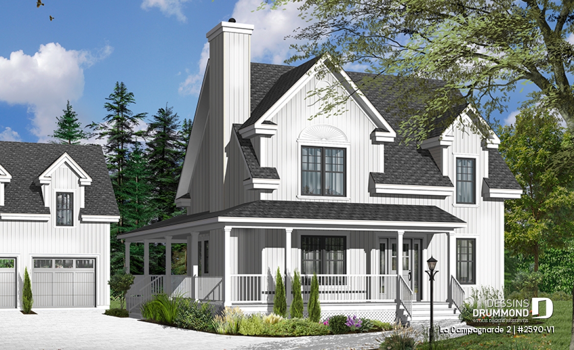 Vue avant - MODÈLE DE BASE - Superbe plan de maison style farmhouse champêtre, 3 chambres, bureau à domicile (ou salle de jeux) - La Campagnarde 2