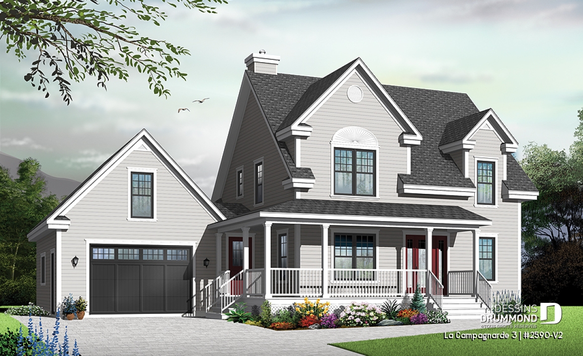Vue avant - MODÈLE DE BASE - Plan de maison style campagne, garage avec espace boni, foyer, buanderie au rdc, terrasse abritée - La Campagnarde 3