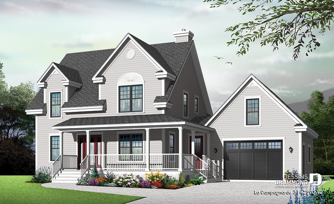 Vue avant - MODÈLE DE BASE - Plan de maison style campagne, garage avec espace boni, foyer, buanderie au rdc, terrasse abritée - La Campagnarde 3