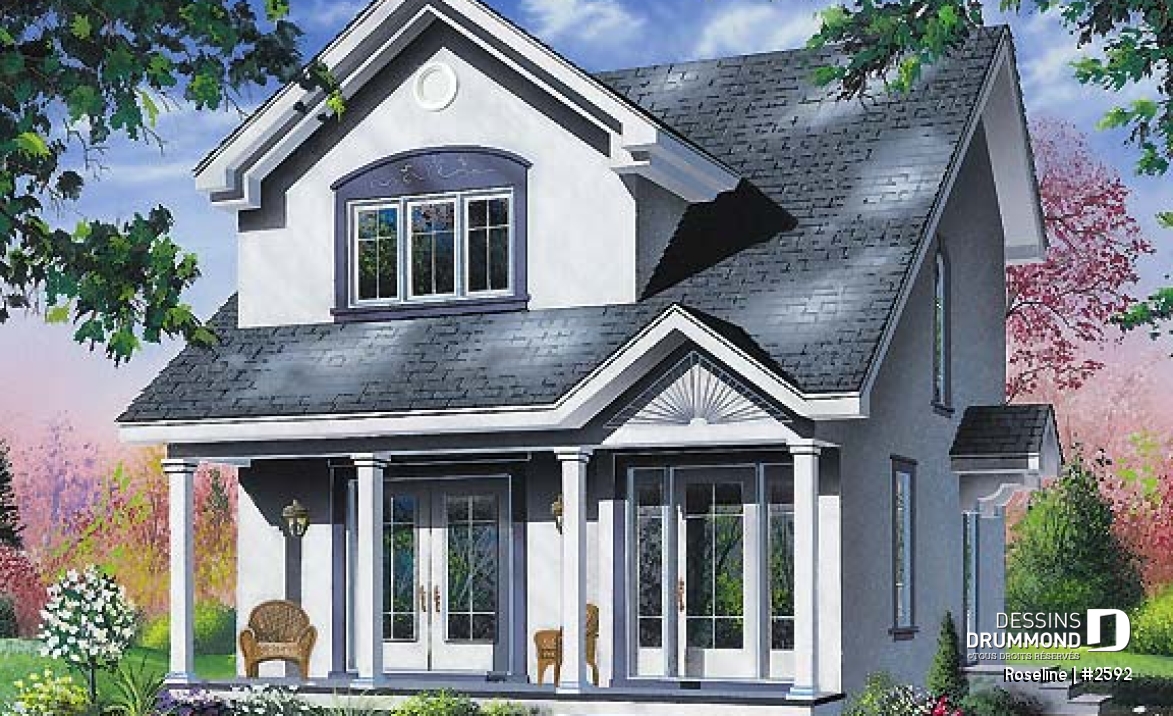 Vue avant - MODÈLE DE BASE - Plan de maison Champêtre &amp; élégante pour terrain étroit, 3 chambres, buanderie au r-d-c - Roseline