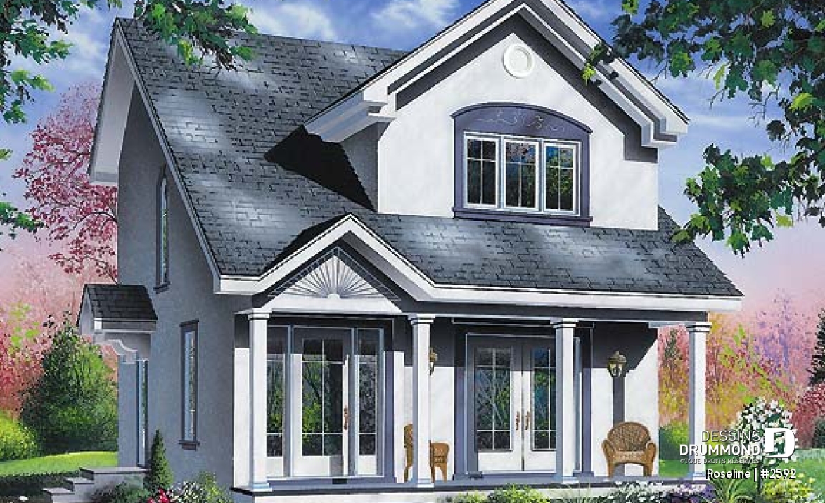 Vue avant - MODÈLE DE BASE - Plan de maison Champêtre &amp; élégante pour terrain étroit, 3 chambres, buanderie au r-d-c - Roseline