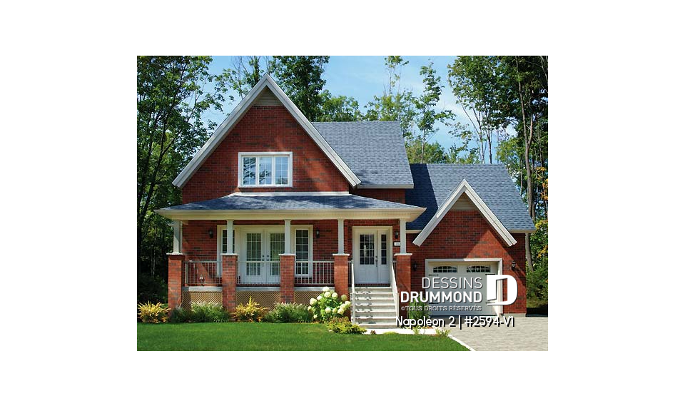 Vue avant - MODÈLE DE BASE - Plan champêtre, 2 chambres,  garage, salon chaleureux avec foyer - Napoléon 2