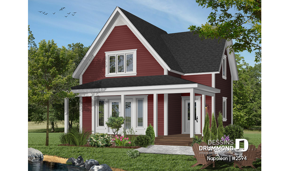 Version couleur no. 7 - Vue avant - Plan de chalet 4-saisons, style champêtre avec grand balcon, plancher à aire ouverte, galerie couverte - Napoléon