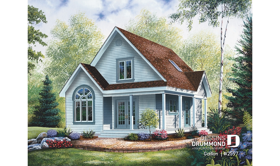 Vue avant - MODÈLE DE BASE - Plan de maison à étage, 2 chambres + loft, champêtre, plafond cathédrale et mezzanine, aire ouverte - Gaillon 