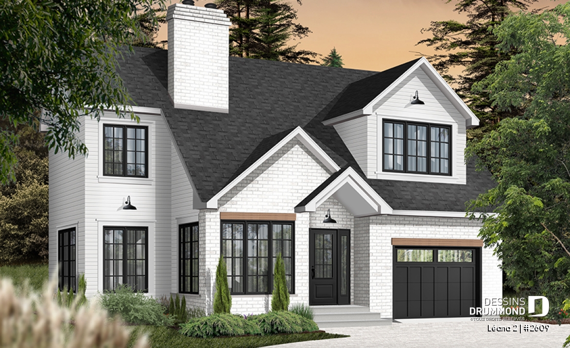 Vue avant - MODÈLE DE BASE - Maison avec garage, 3 chambres + un bureau, suite parentale à l'étage, foyer au bois et garage simple - Léana 2