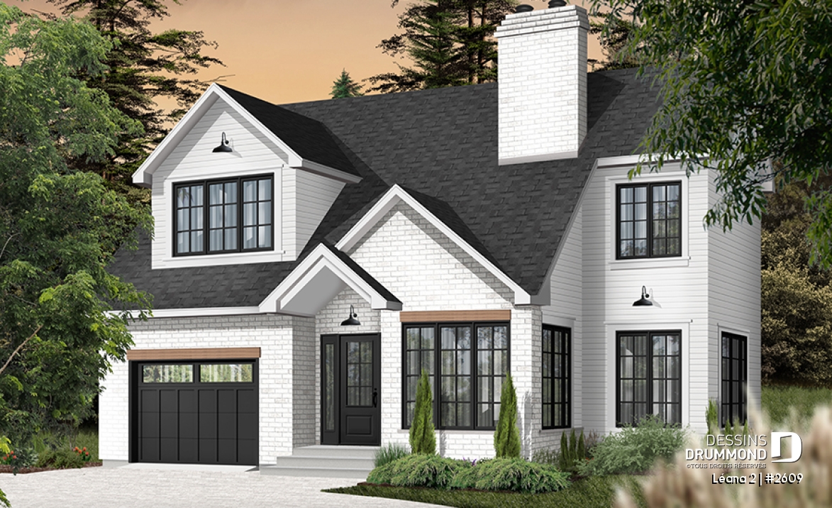 Vue avant - MODÈLE DE BASE - Maison avec garage, 3 chambres + un bureau, suite parentale à l'étage, foyer au bois et garage simple - Léana 2