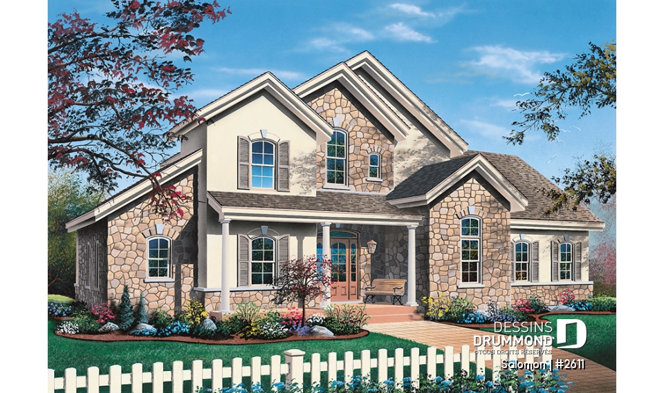 Vue avant - MODÈLE DE BASE - Plan de maison 3 a 4 chambres, espace boni, garage double, solarium, plafond cathedral - Salomon